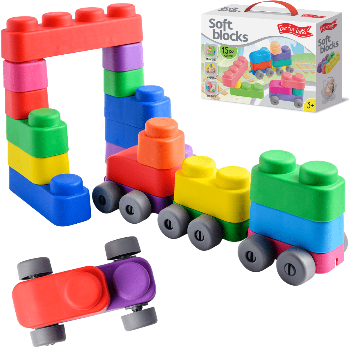 Soft Blocks 15 Pieces + 12 Wheels for Toddlers Age 3+ Years - Shopefy
