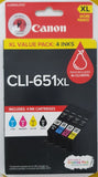 Canon CLI651XL CLI 651XL High Yield Ink Cartridges - Value Pack(4 Ink)-New!